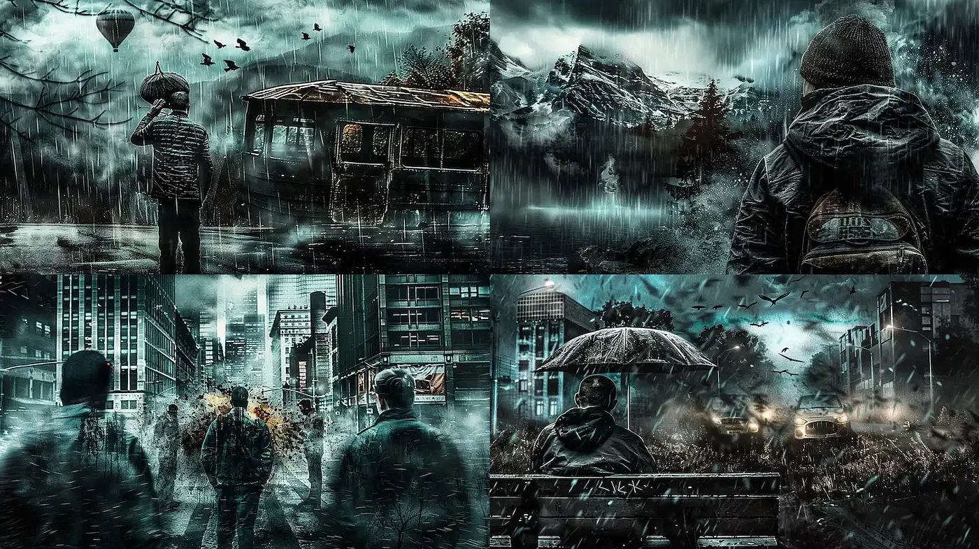 Dark and Mysterious Atmospheric Surrealism with Urban and Natural Elements - Midjourney sref style