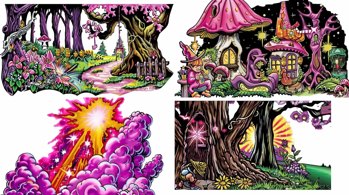 Whimsical and Vibrant Fantasy Landscape with Dreamlike Elements - Midjourney sref style
