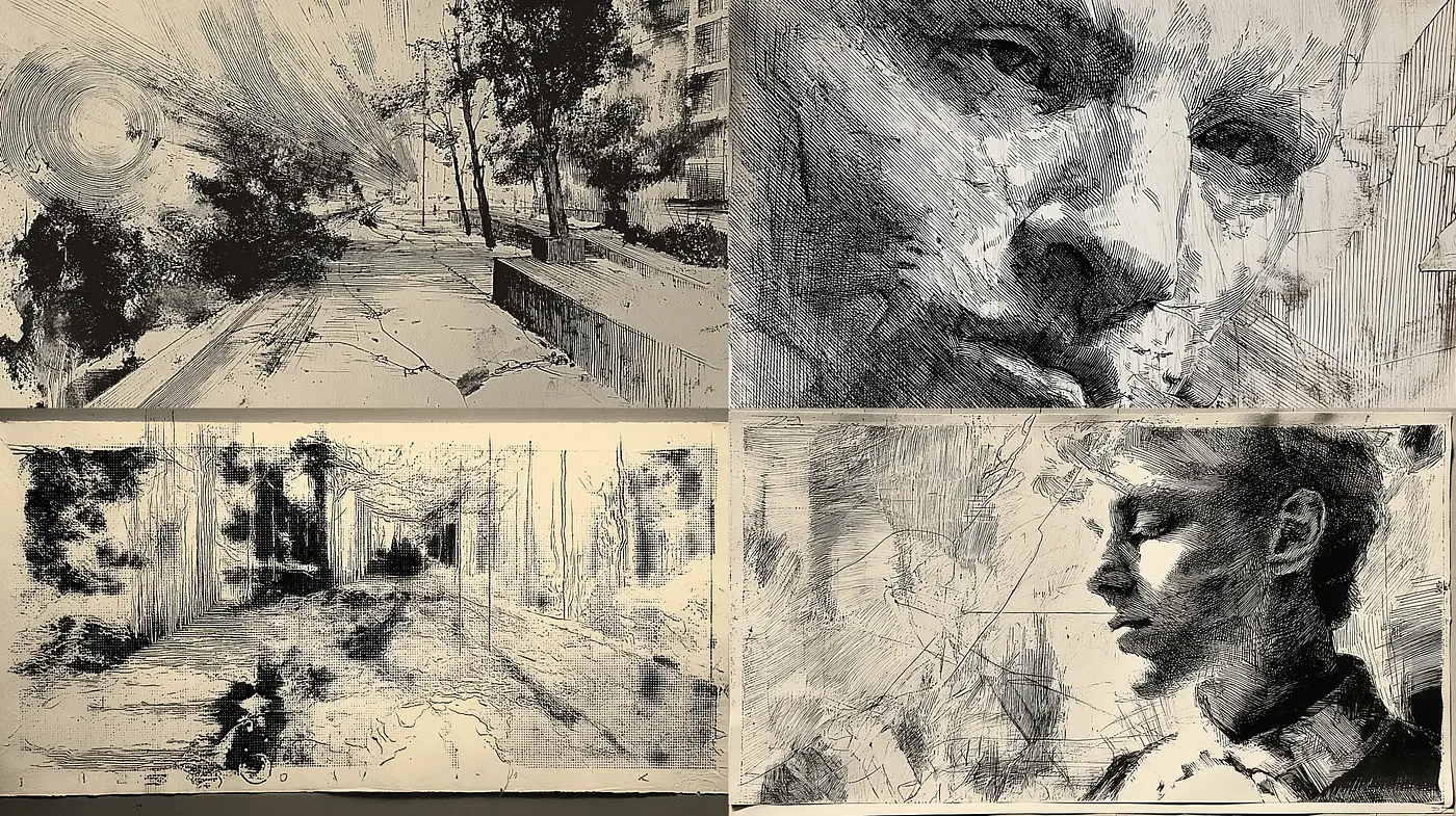 Intricate monochrome sketches with a sense of realism and depth - Midjourney sref style