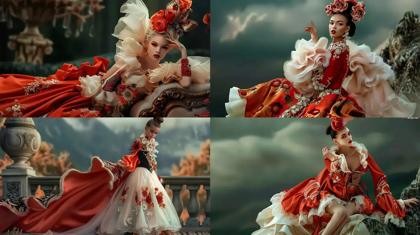 Romanticized Baroque Fashion with Dramatic Scenic Backdrops - Midjourney sref style