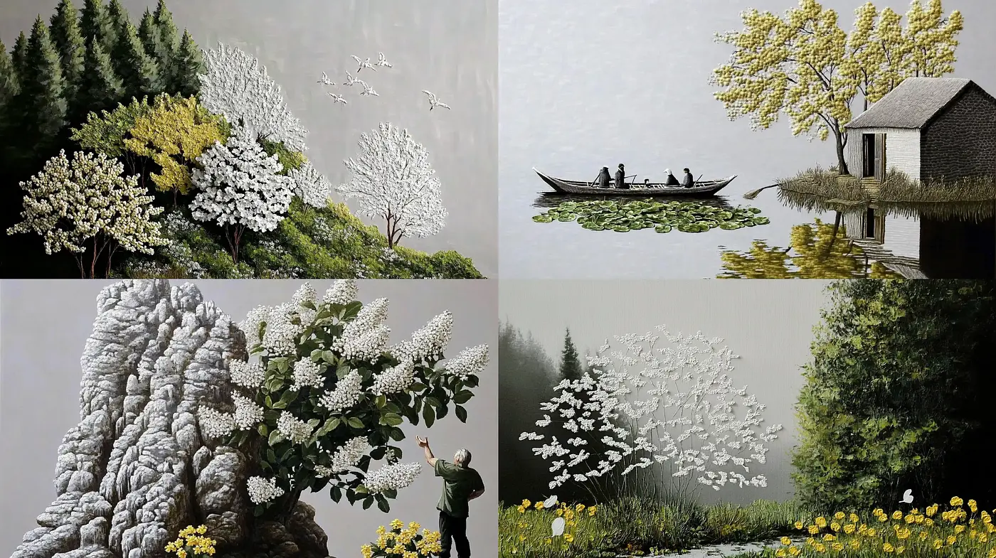 Ethereal Tranquility in Monochromatic Blossoms - Midjourney sref style