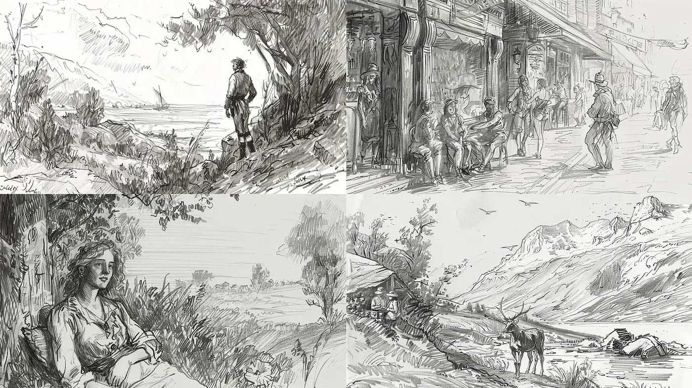 Nostalgic monochrome sketches blending nature and human interactions - Midjourney sref style