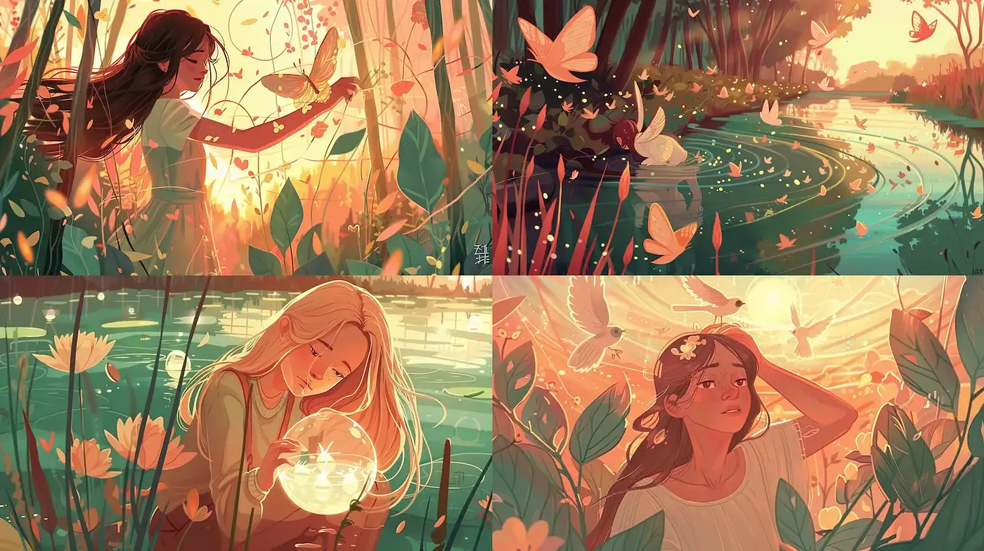 Whimsical Nature Illustrations with Dreamy Elements - Midjourney sref style