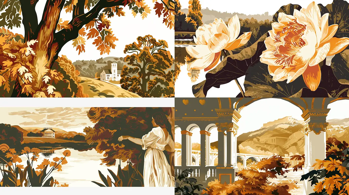 Autumnal Elegance in Sepia Tones: A Nostalgic Fusion of Nature and Architecture - Midjourney sref style