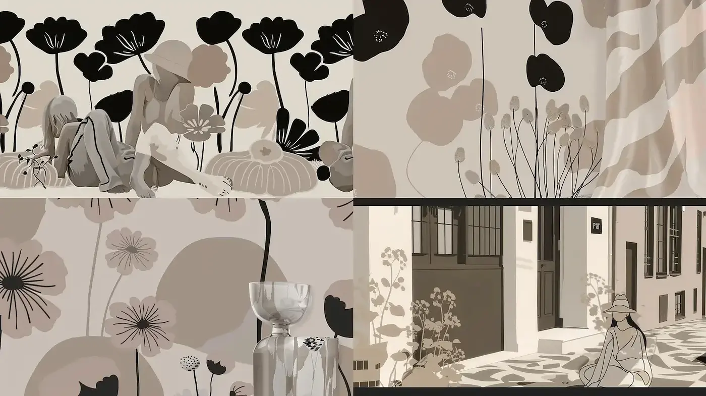 Elegant Minimalist Design with Floral Motifs and Soft Tones - Midjourney sref style