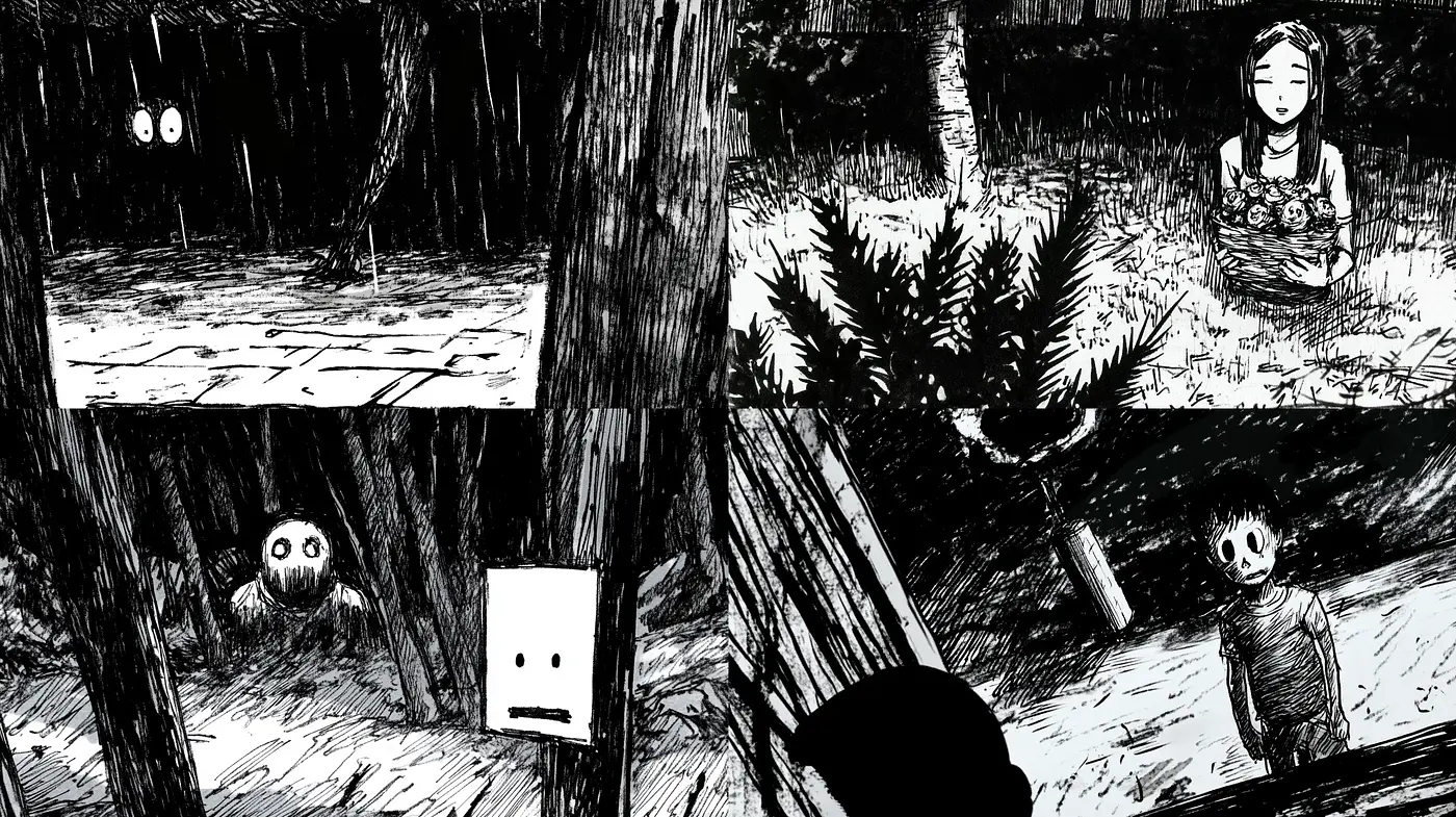 Eerie Monochrome Dreamscape with Enigmatic Characters - Midjourney sref style