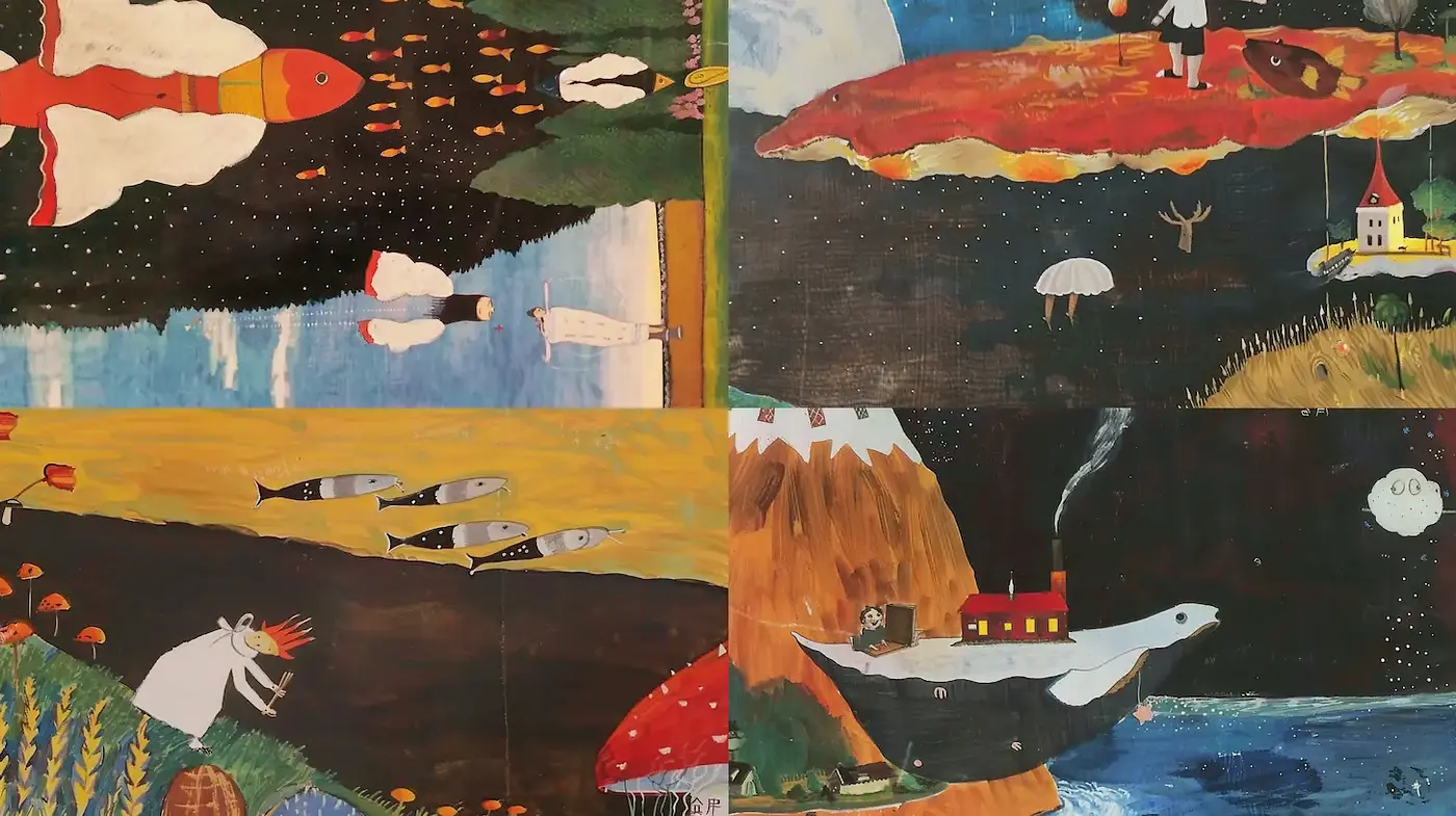 Whimsical and Surreal Folk Art Aesthetic with a Dreamlike Quality - Midjourney sref style