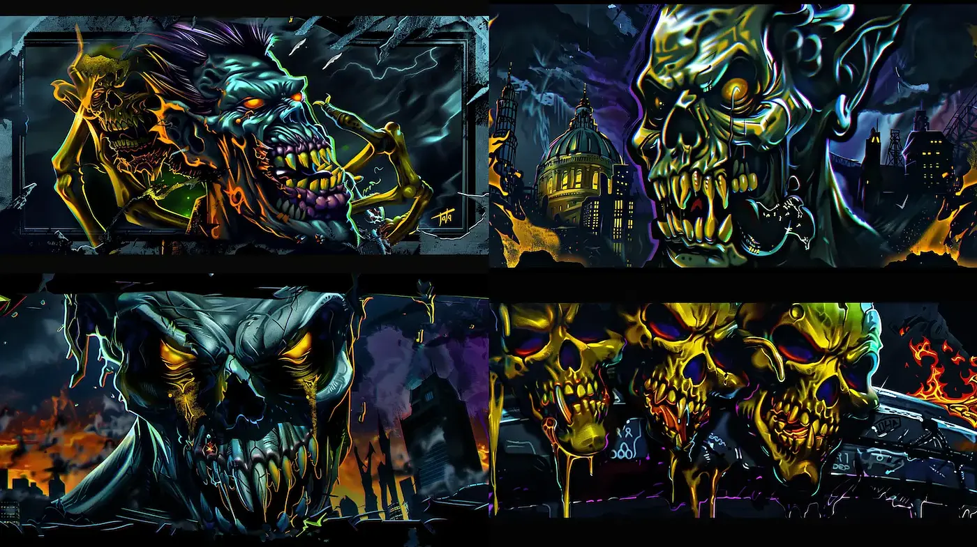 Vibrant and menacing urban horror art style with a graffiti influence - Midjourney sref style
