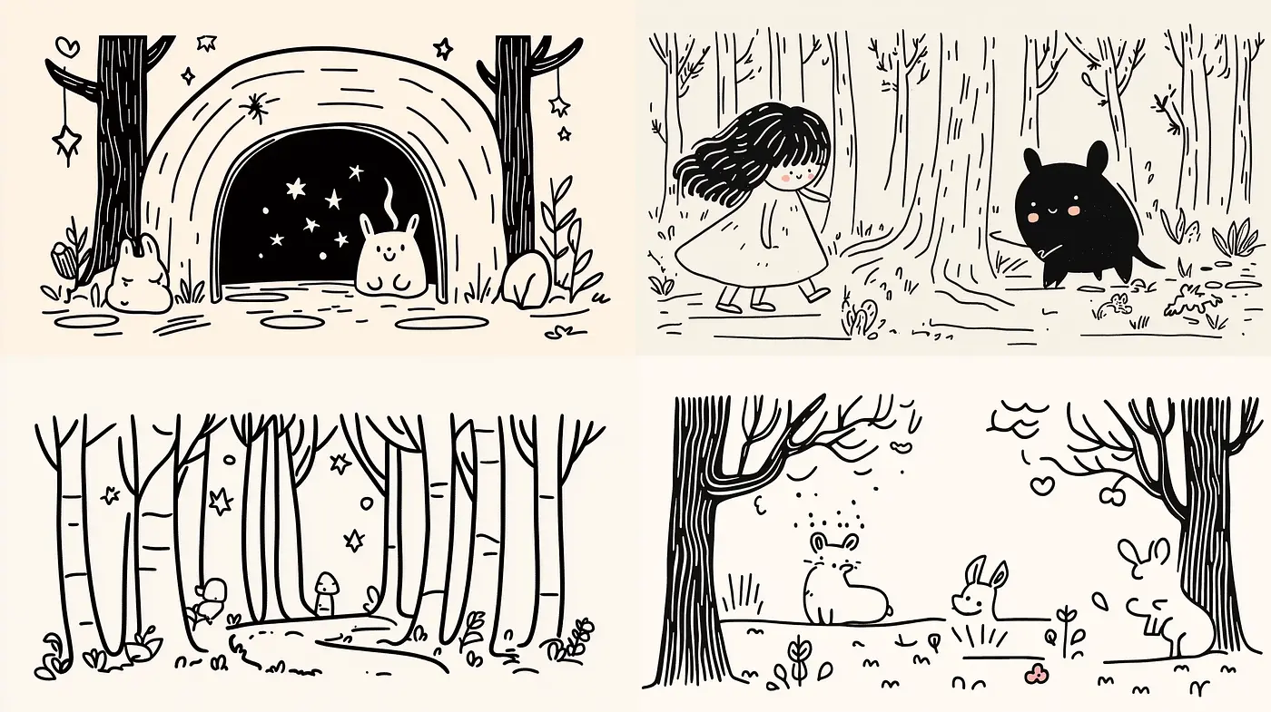 Whimsical Forest Ink Sketches with a Charming Monochrome Palette - Midjourney sref style