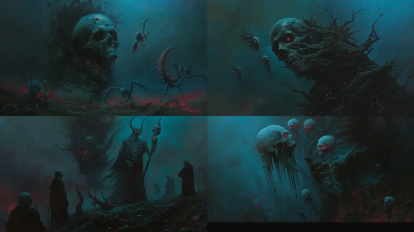 Dark and Eerie Fantastical Realism with Macabre Elements - Midjourney sref style