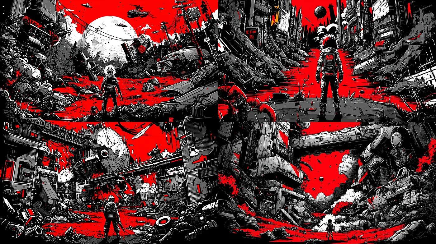 Dramatic Post-Apocalyptic Retro-Comic Style with Influences of Urban Dystopia - Midjourney sref style