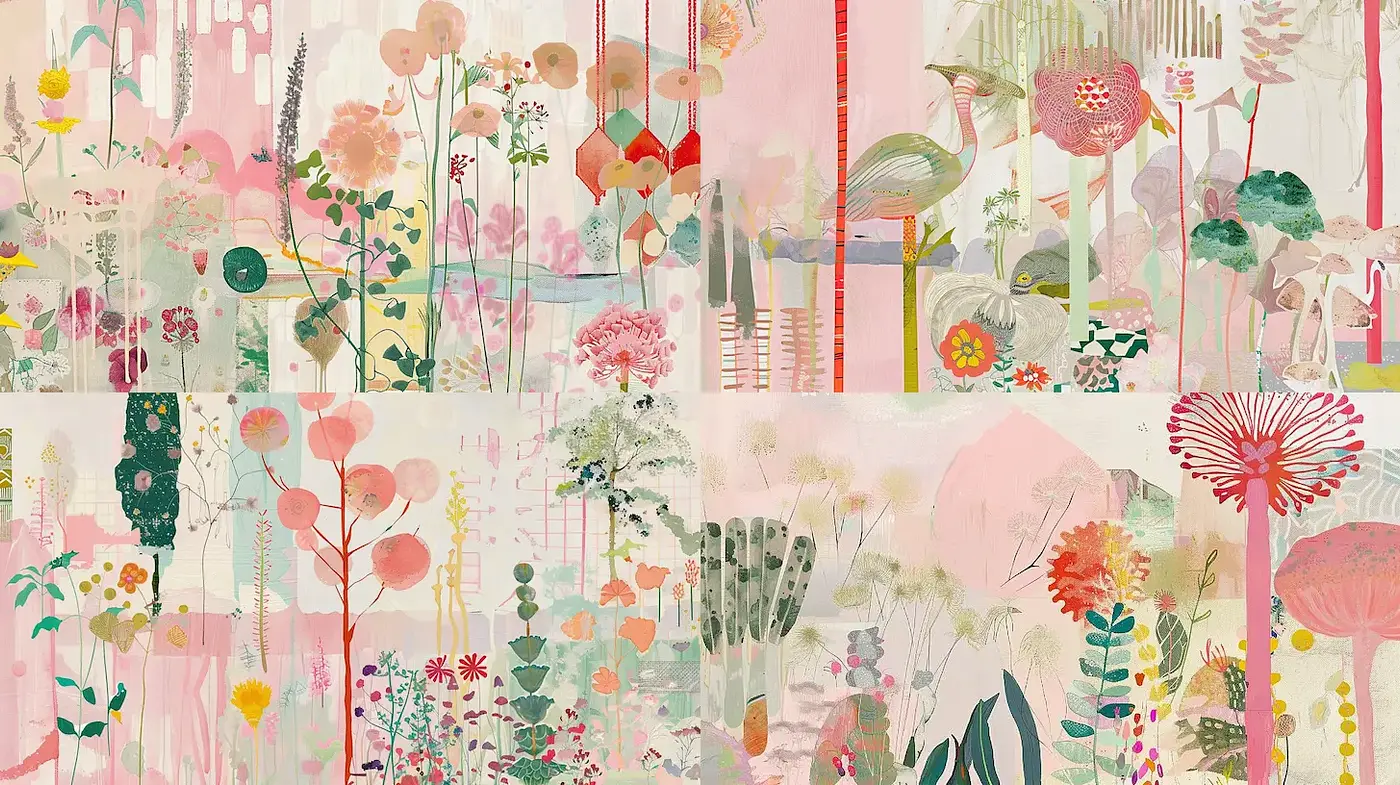 Ethereal Botanical Landscape with Soft Color Harmony and Abstract Elements - Midjourney sref style