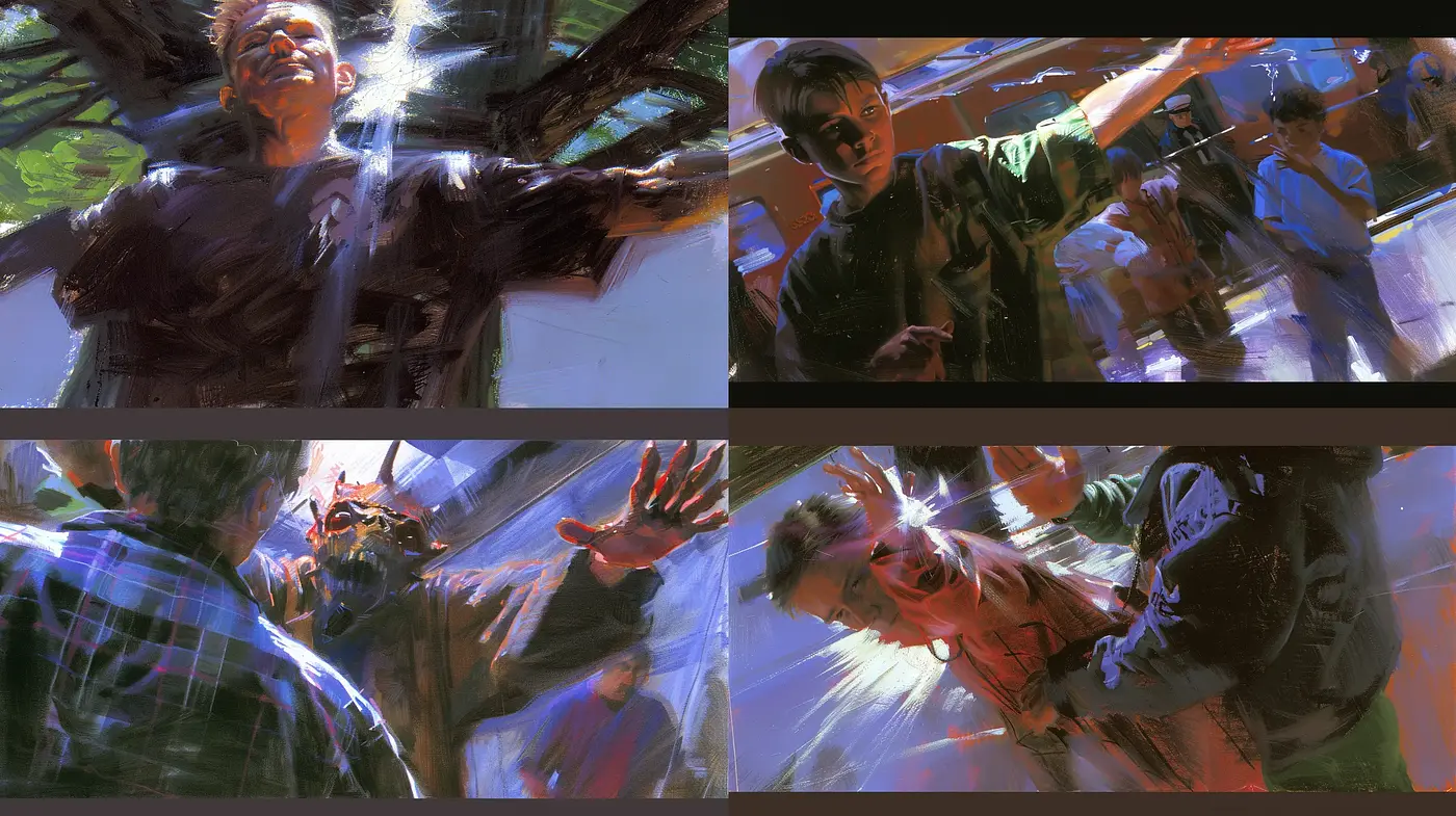 Energetic Brushwork with a Cinematic Lens Flare Aesthetic - Midjourney sref style