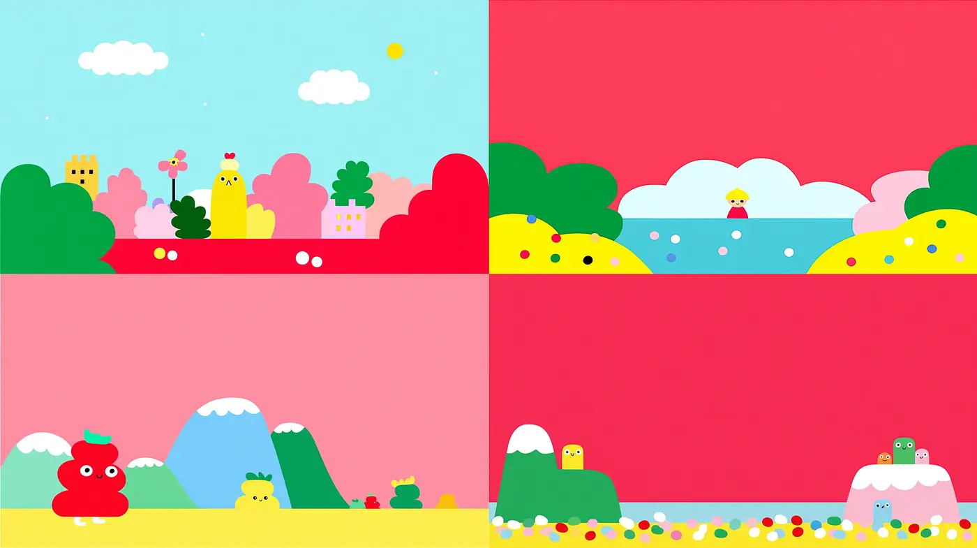 Playful and minimalistic colorful landscapes with cartoonish appeal - Midjourney sref style
