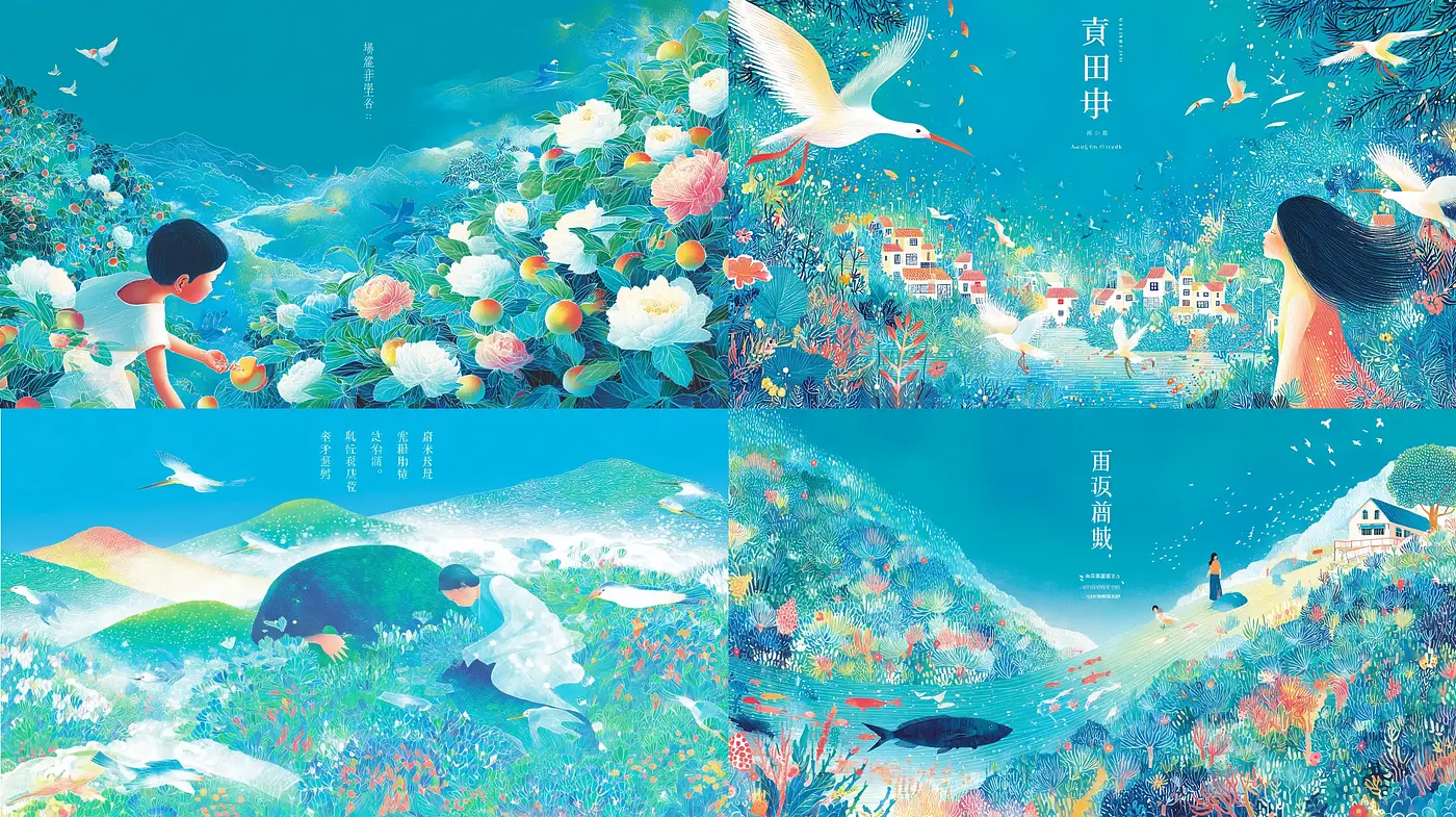 Vibrant and Dreamlike Illustrations Incorporating Nature and Humanity - Midjourney sref style