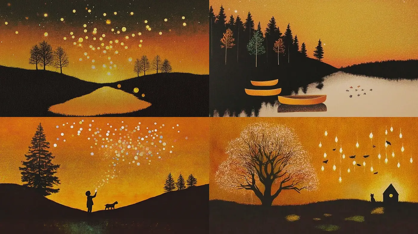 Twilight Serenity: A Harmonious Blend of Warm Hues and Silhouette Scapes - Midjourney sref style