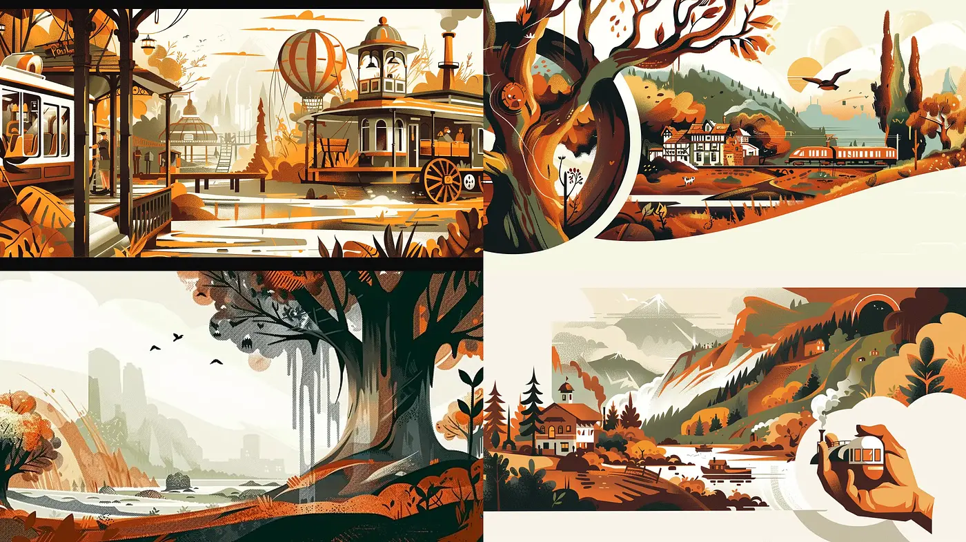 Autumnal Elegance in Stylized Americana Panoramas - Midjourney sref style