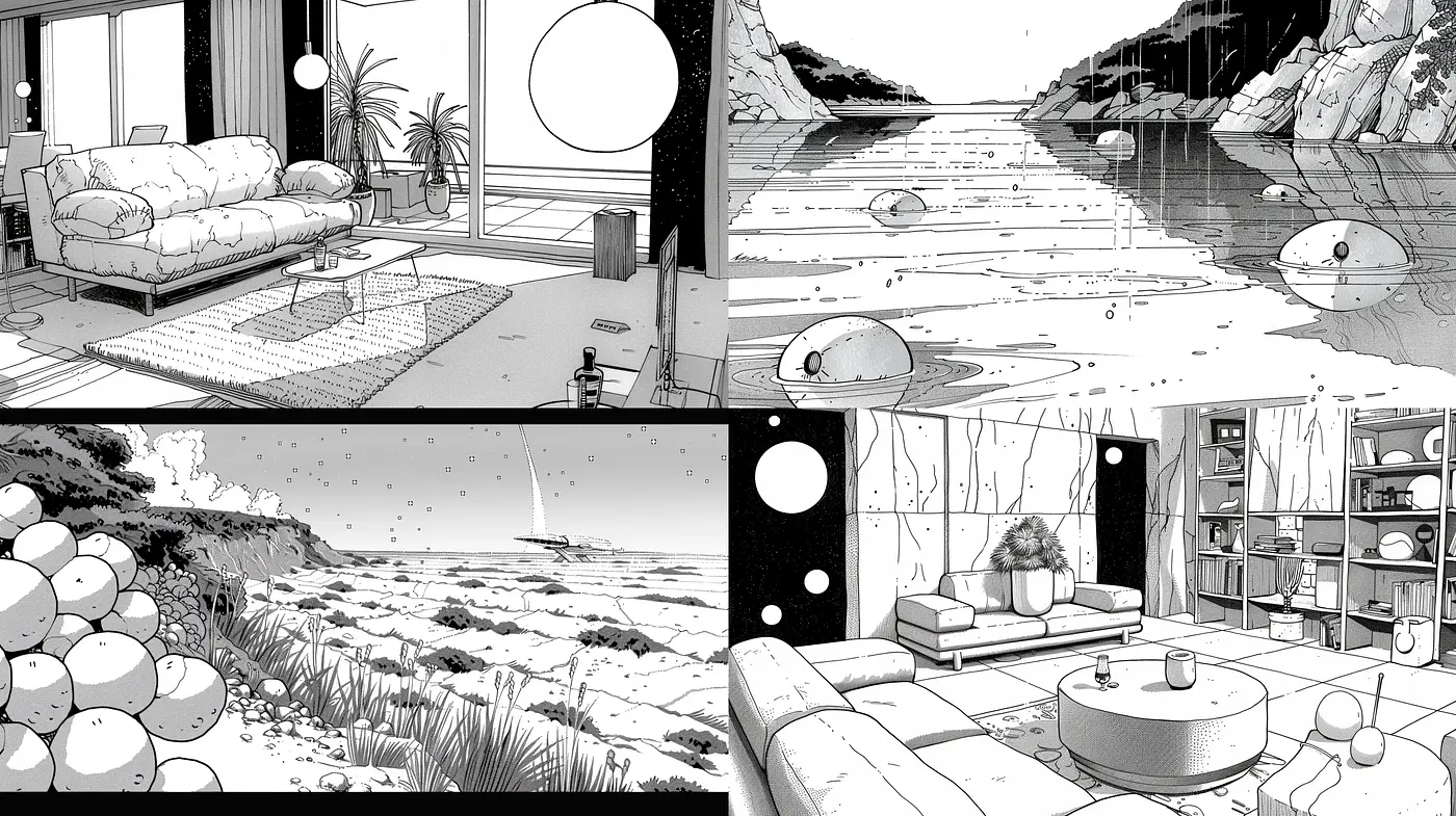 Monochrome Graphic Novel Aesthetic with Detailed Line Art - Midjourney sref style