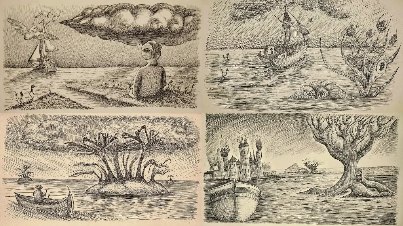 Surreal monochromatic landscape with whimsical characters and elements - Midjourney sref style