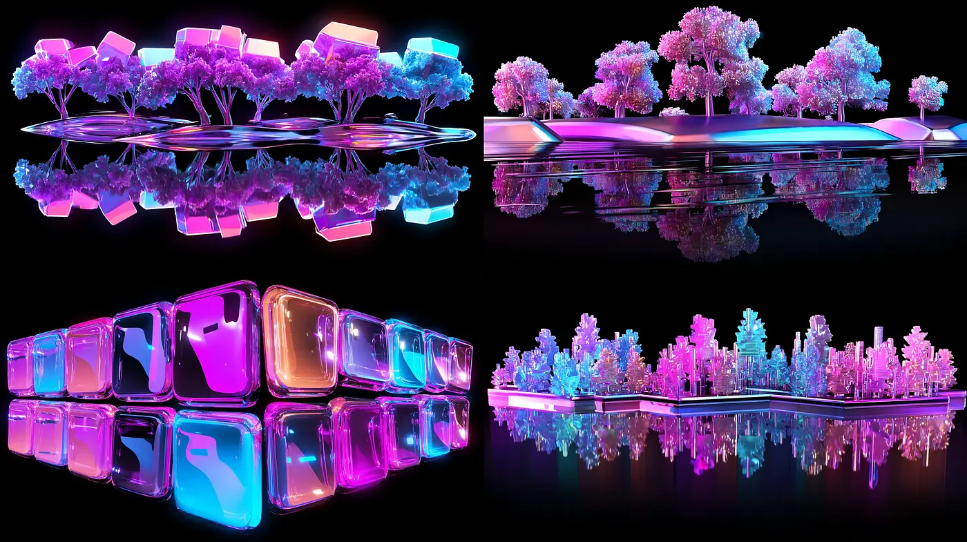 Futuristic and Vibrant Neon Landscape with Reflective Elements - Midjourney sref style