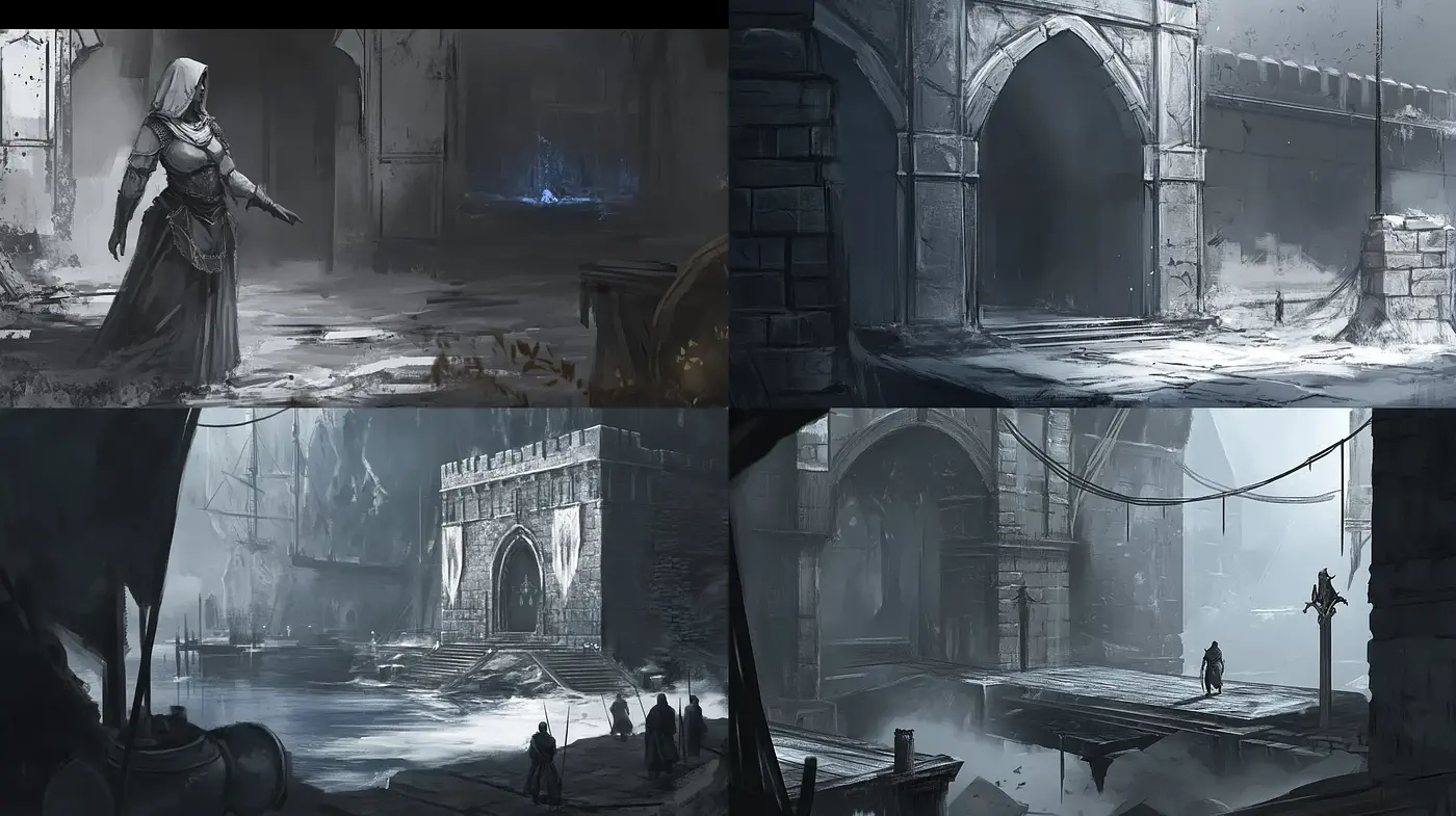 Monochromatic Medieval Fantasy Concept Art - Midjourney sref style