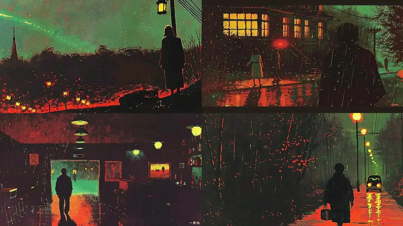 Mysterious Atmospheric Night Scenes with a Touch of Nostalgia - Midjourney sref style