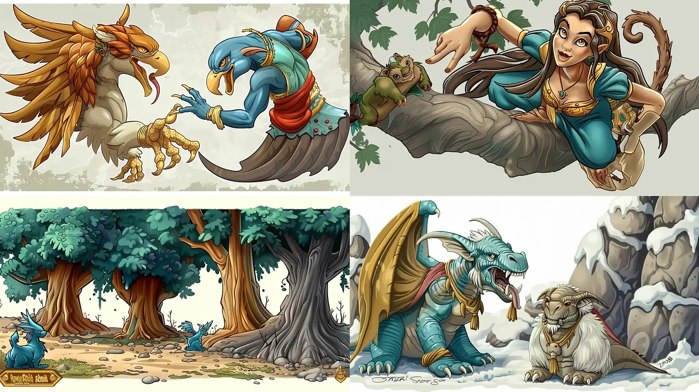 Fantastical Creature Companionship in Lush Illustrative Style - Midjourney sref style
