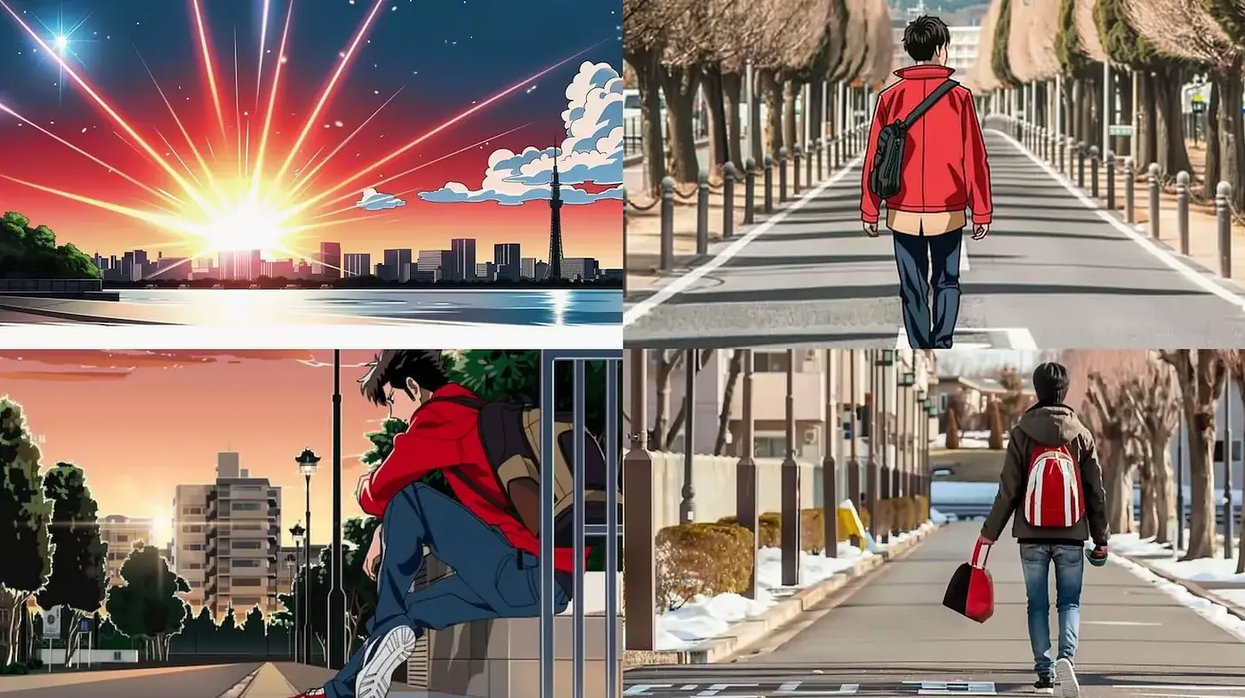Dynamic Urban Exploration with an Anime-Inspired Aesthetic and Vibrant Colors - Midjourney sref style