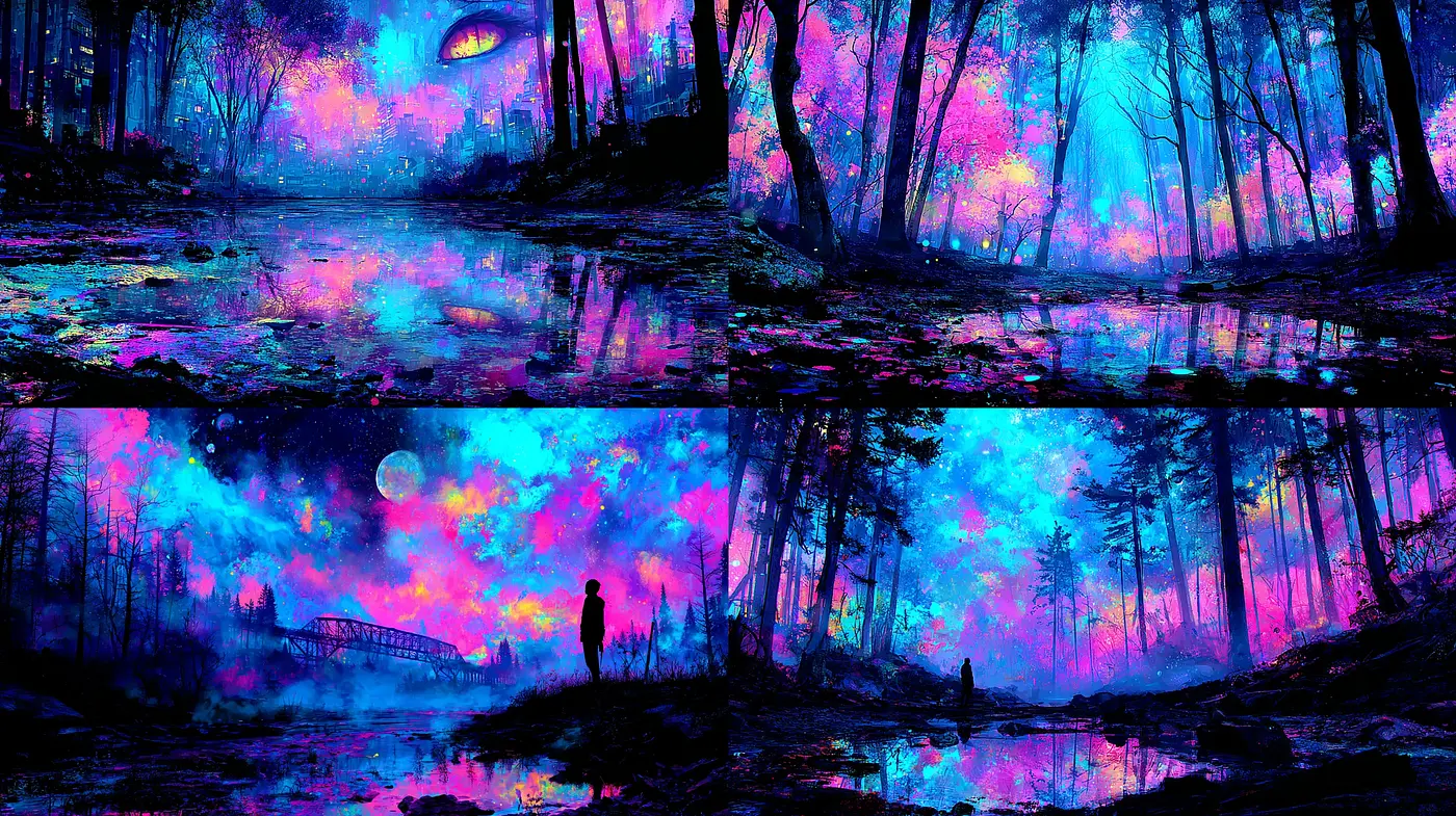 Surreal Cosmic Forests with Vivid Color Blends and Dreamlike Landscapes - Midjourney sref style