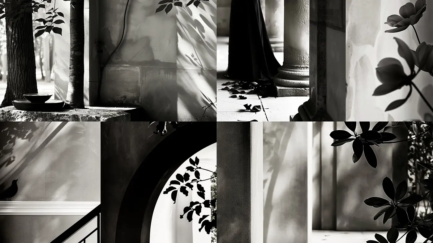 Monochromatic Elegance: Shadows and Light in Still Serenity - Midjourney sref style