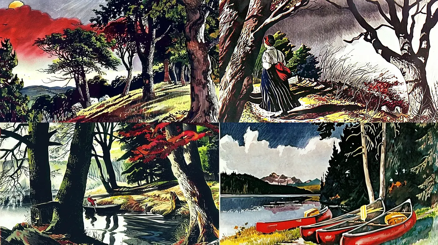 Evocative Vintage Pastoral Scenes with Stylized Natural Elements - Midjourney sref style