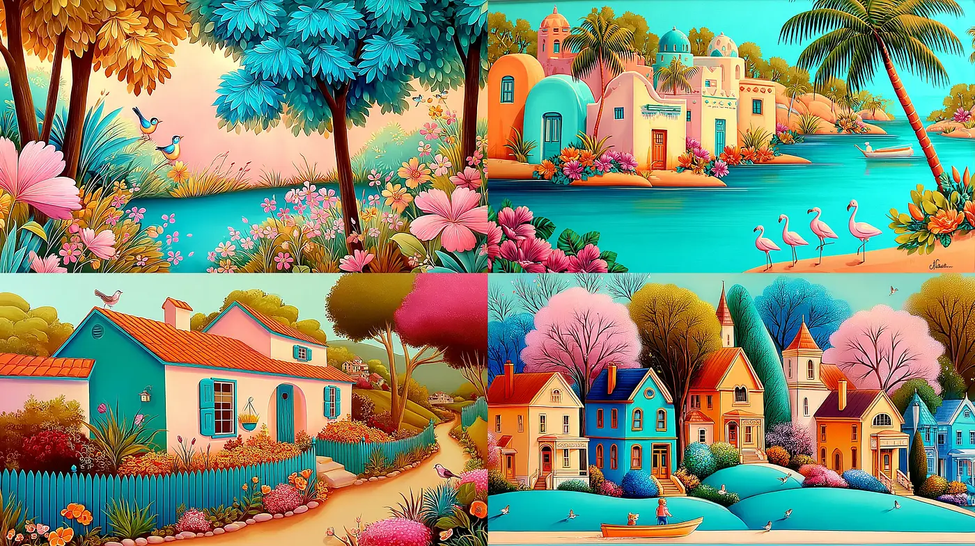 Vibrant and Dreamy Landscape Art with a Playful Touch - Midjourney sref style