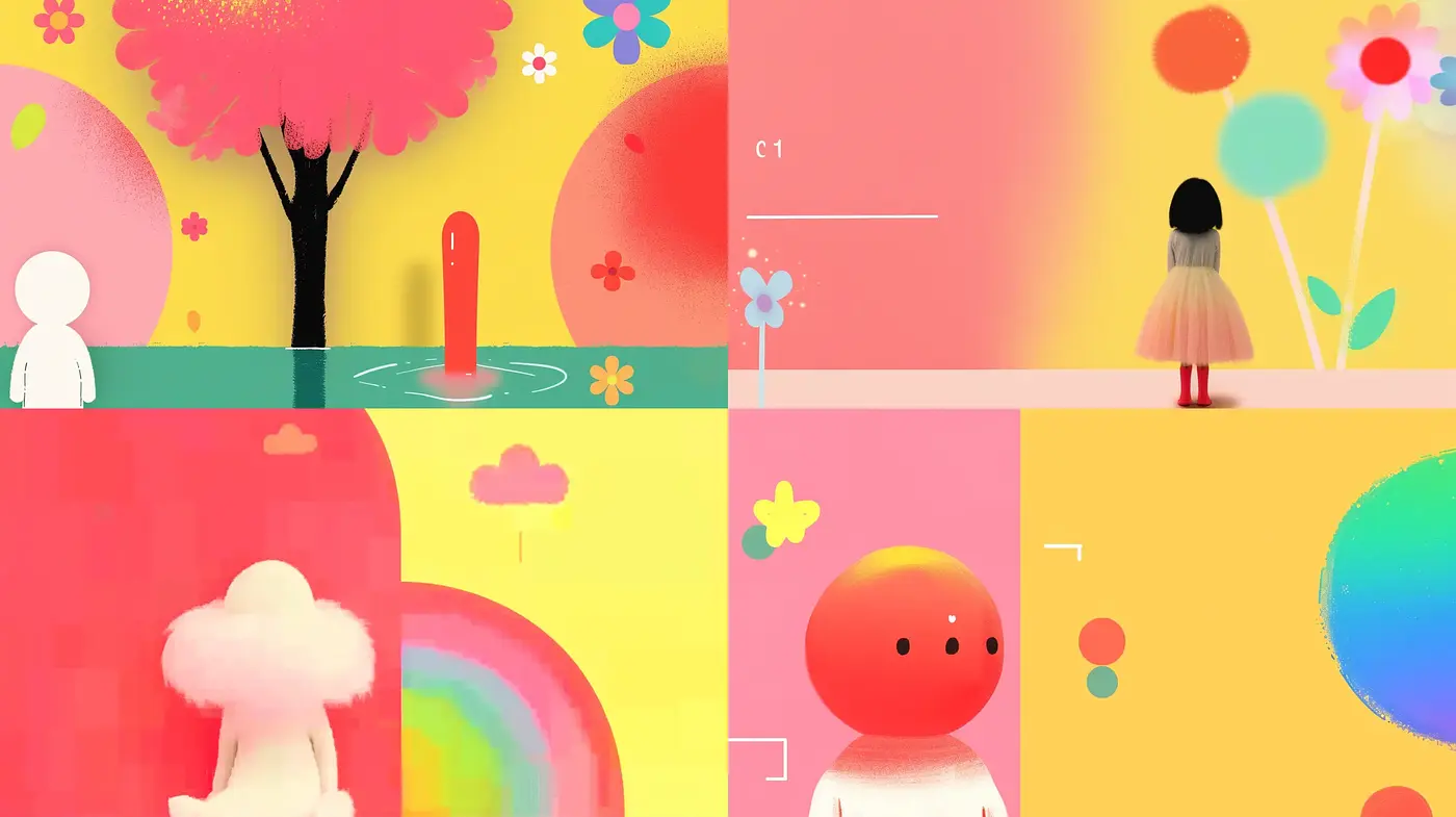Saturated Whimsy: A Dreamlike Mixture of Vibrant Tones and Childlike Imagery - Midjourney sref style