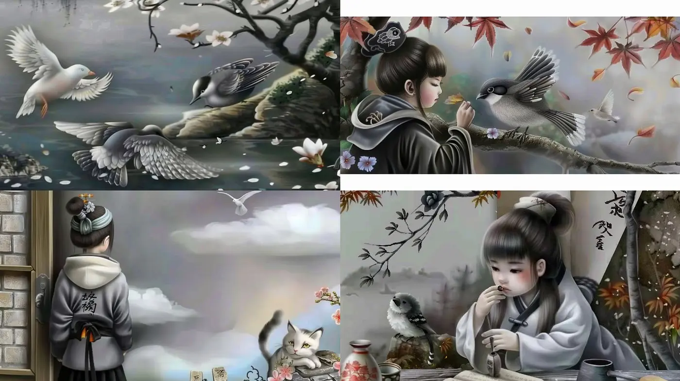 Whimsical Serenity in Greyscale — A Modern Interpretation of East Asian Ink Wash Painting - Midjourney sref style