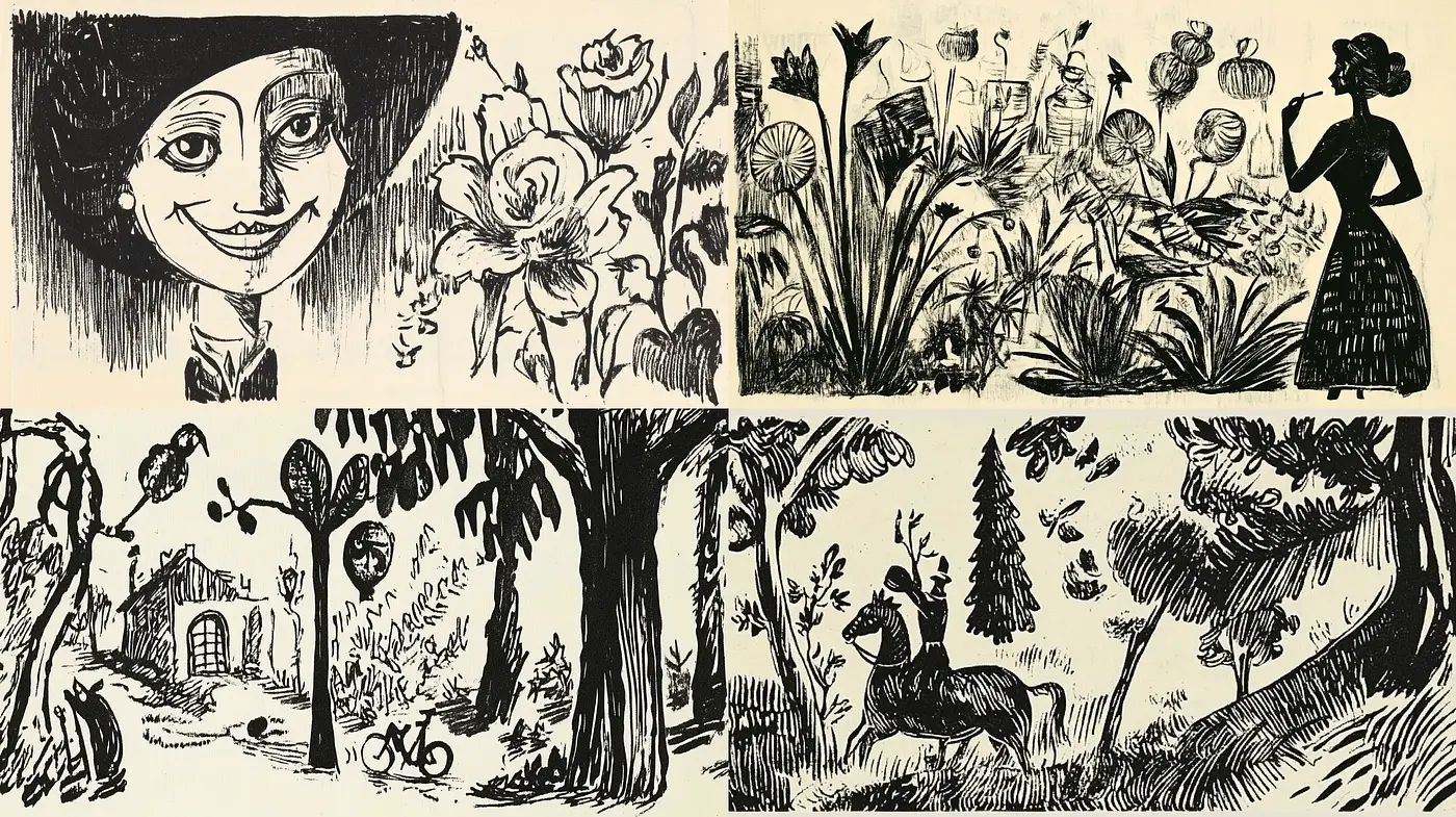 Whimsical Ink Sketches with a Dreamlike Storybook Appeal - Midjourney sref style