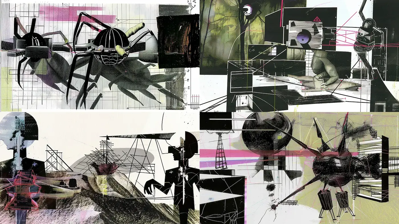 Futuristic Surrealism with a Hint of Retro Aesthetic in a Chaotic Composition - Midjourney sref style
