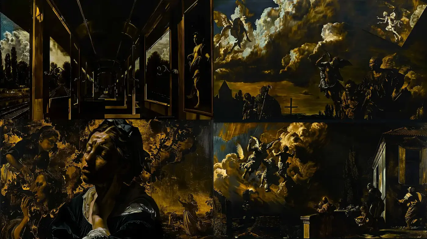 Dramatic Baroque Aesthetic with Rich Textures and Layered Compositions - Midjourney sref style