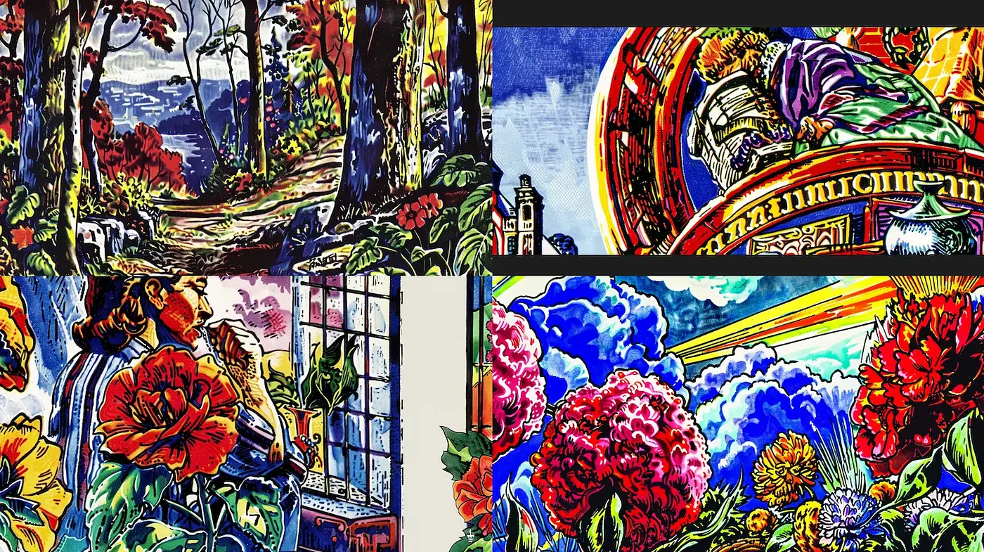 Vivid and expressive floral and natural scenes with a retro comic touch - Midjourney sref style