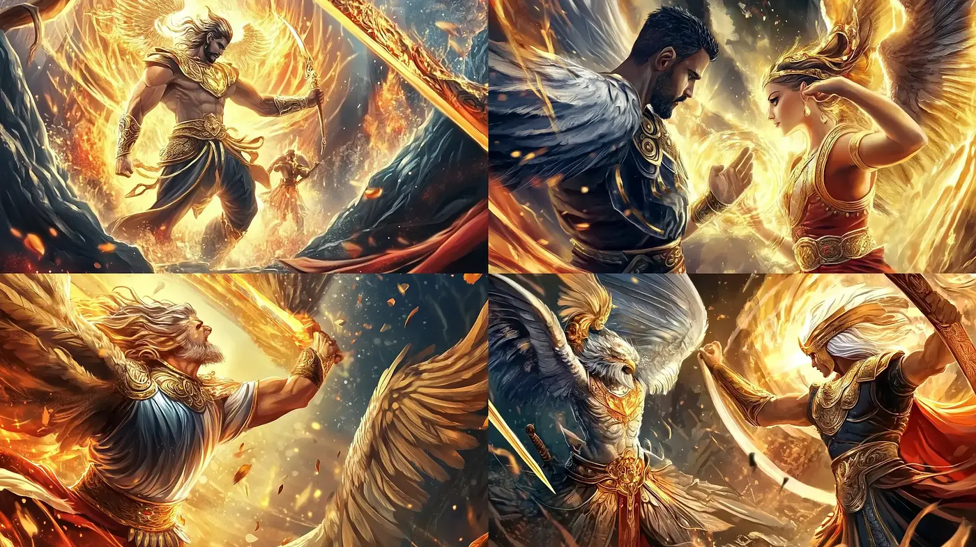 Ethereal Blaze of Myths: An Intense Fusion of Fiery Hues and Dynamic Forms - Midjourney sref style