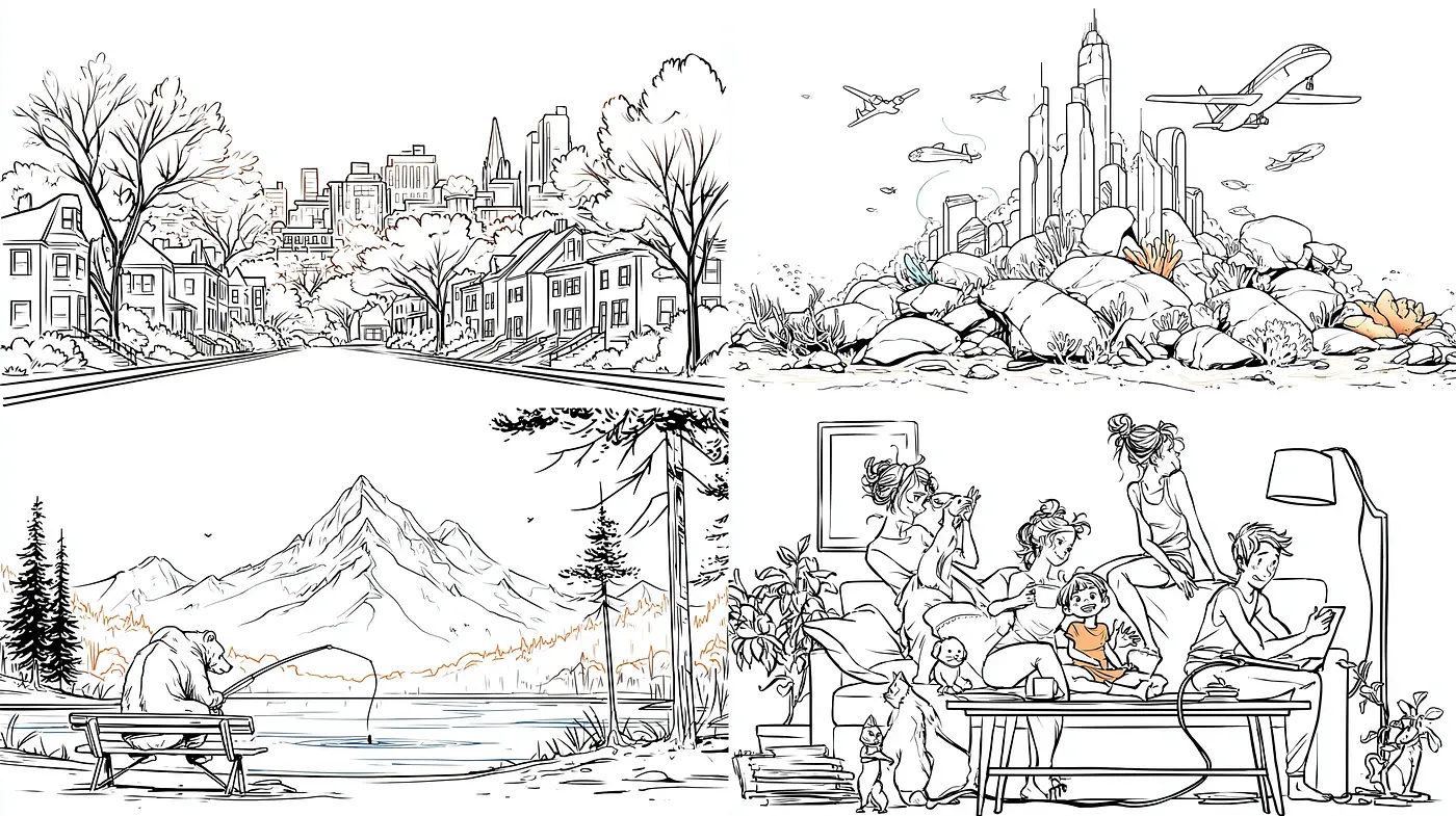 Charming Illustrative Scenes Combining Urban and Natural Elements - Midjourney sref style
