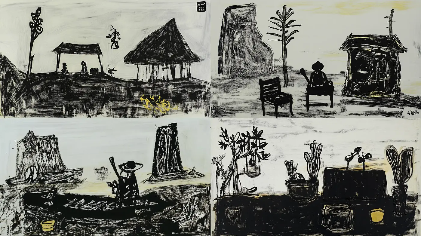 Contemporary Ink Wash Expressions Bridging Traditional Asian and Modern Artistic Techniques - Midjourney sref style