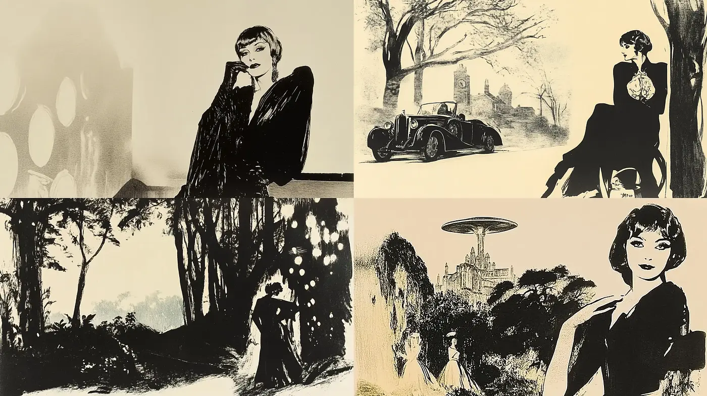 Monochromatic Retrofuturism with a Noir Essence - Midjourney sref style