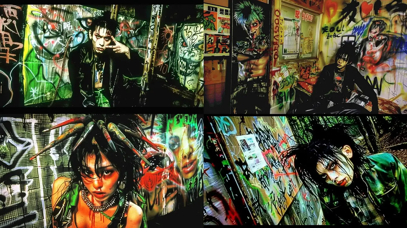 Urban Graffiti Dystopia: a Homage to Cyberpunk Visuals - Midjourney sref style