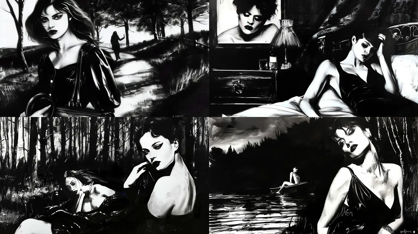 Monochrome Elegance with a Dramatic Film Noir Essence - Midjourney sref style