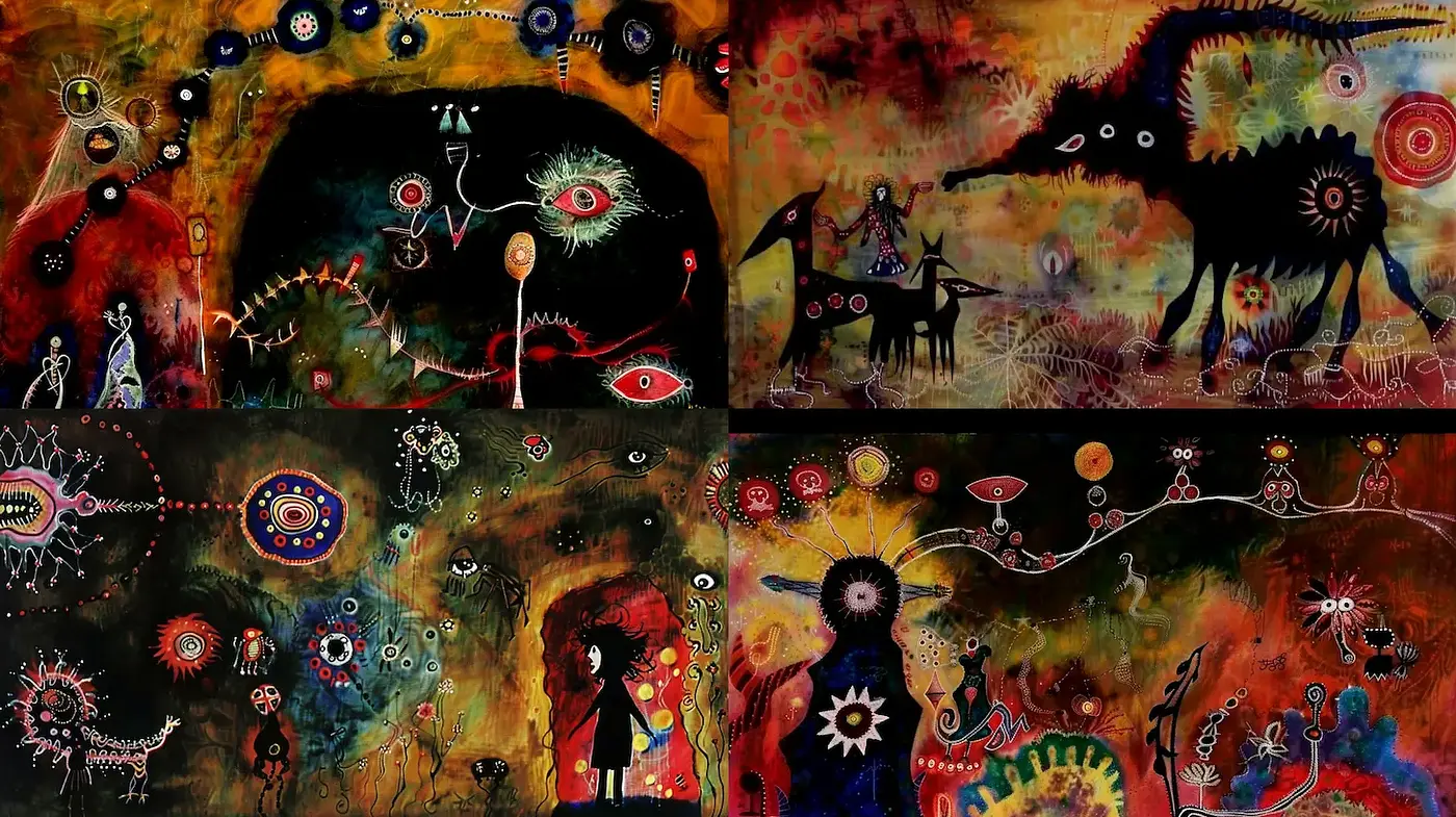 Vibrant Surrealism with Mystical Elements and Organic Textures - Midjourney sref style