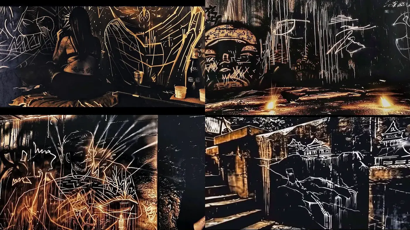 Dark Urban Surrealism with a Touch of Graffiti Aesthetic - Midjourney sref style