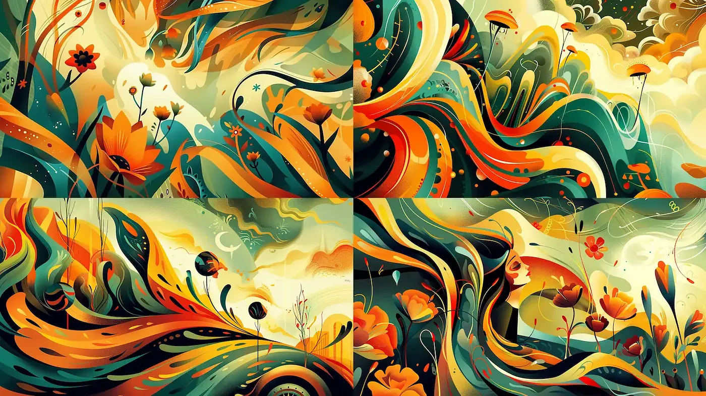 Vibrant and Whimsical Nature-inspired Illustration with Dynamic Flow - Midjourney sref style