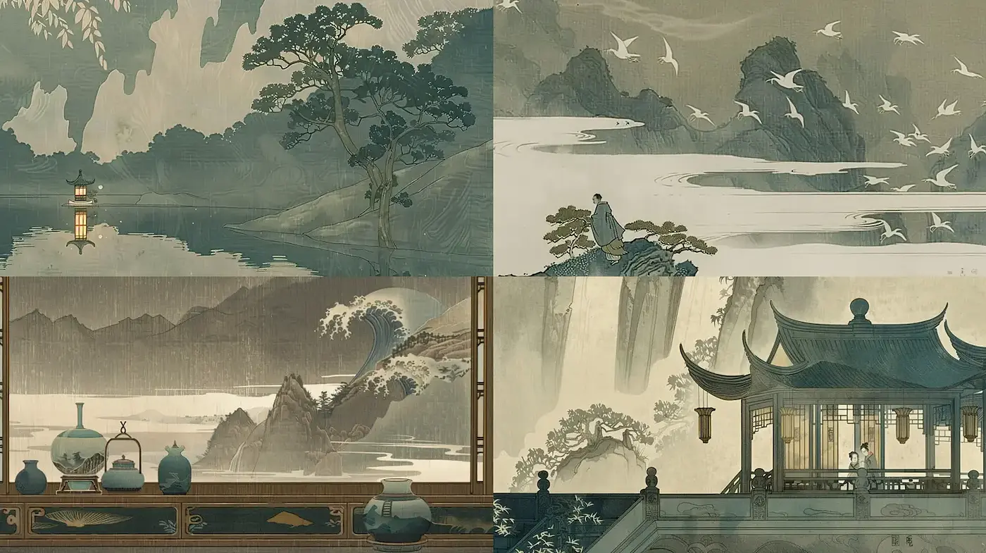 Serene Landscape with Traditional Eastern Elements and Subtle Monochromatic Tones - Midjourney sref style