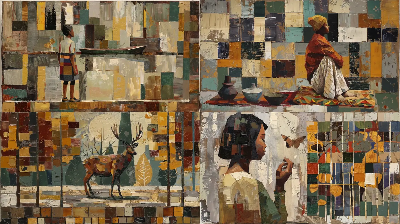 Mosaic of Memories: A Patchwork of Nostalgic Nuances and Earthen Tones - Midjourney sref style