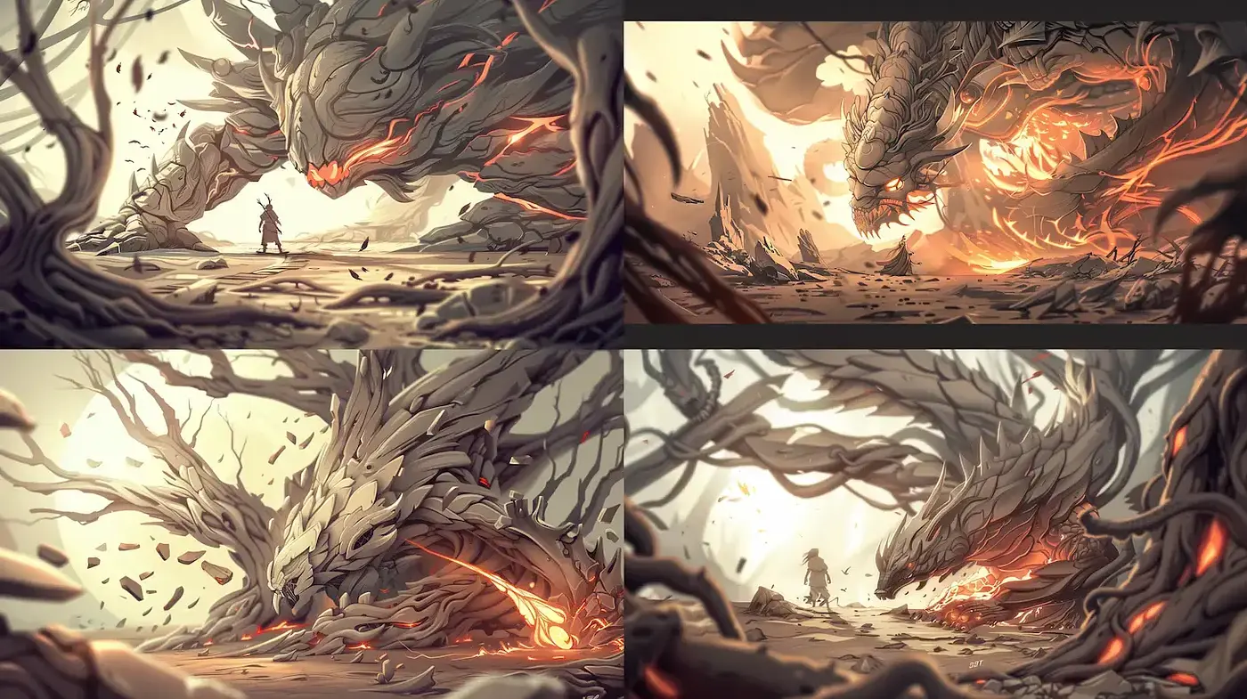 Epic Fantasy Landscapes Featuring Elemental Beasts and Man in Harmony - Midjourney sref style
